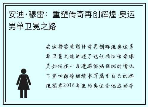 安迪·穆雷：重塑传奇再创辉煌 奥运男单卫冕之路