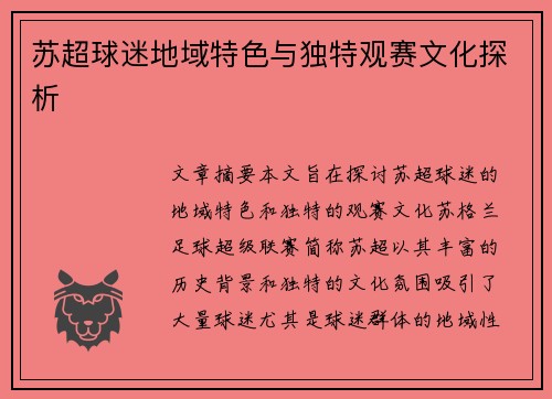 苏超球迷地域特色与独特观赛文化探析